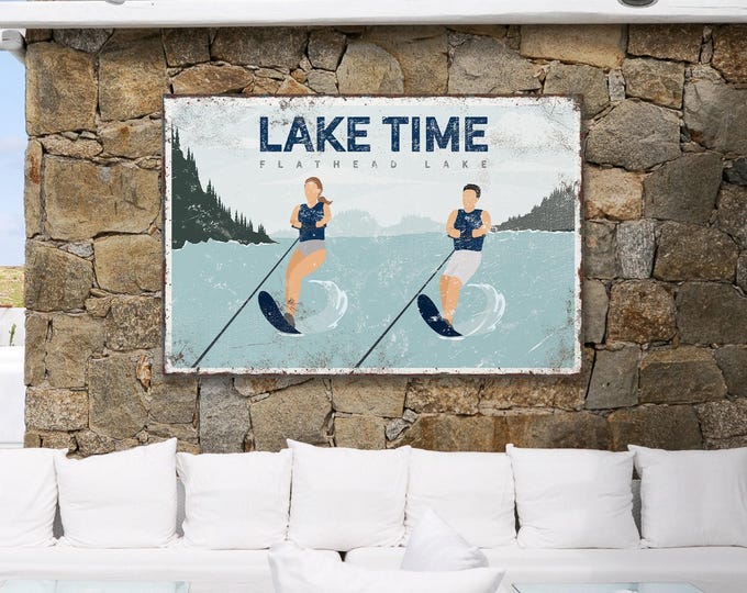 Lake House Sign, Lake Canvas Print, Couple On Waterskis, Personalized Lake Time Wall Art, Retro Flathead Lake Decor, Custom Cabin Gift {vpl}