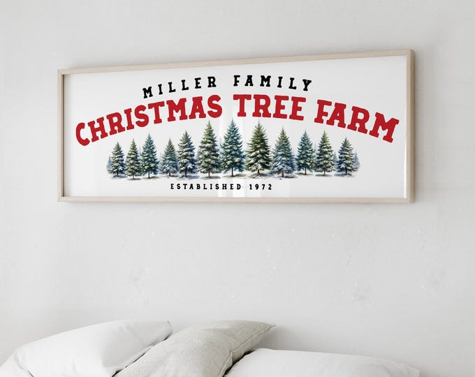 Christmas Name Sign, Personalized Family Tree Farm with Snowy Pines in Red and Black, Holiday