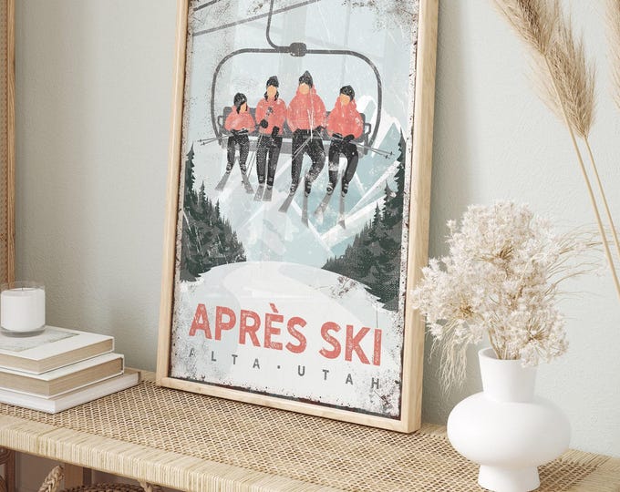 Ski Lift Art, Vintage Ski Poster, Ski Lodge Sign, Custom Four Person Chairlift Print, Retro Mountain Cabin Decor, Family Skiing Gift {vpi}