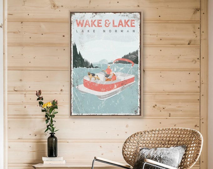 Boat Lake Art, Personalized Pontoon Scene With Dogs, Custom Coral Gift For Lake House