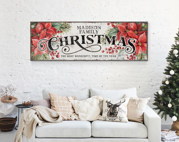 Personalized Family Christmas Sign, Vintage White Holiday Decor with Red Poinsettia and Holly Berry, Custom Christmas Canvas Gift for Mom