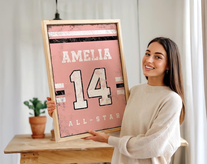Amelia All Star Sports Sign, Custom Name Number Jersey Art, Kids Room Decor, Pink Gift