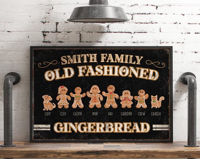 Gingerbread Family Wall Sign: Custom Names, Rustic Christmas Decor