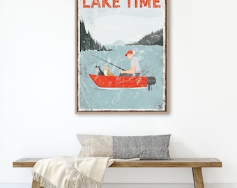 Rustic Fishing Sign with Two Dogs - Personalized Lake House Art