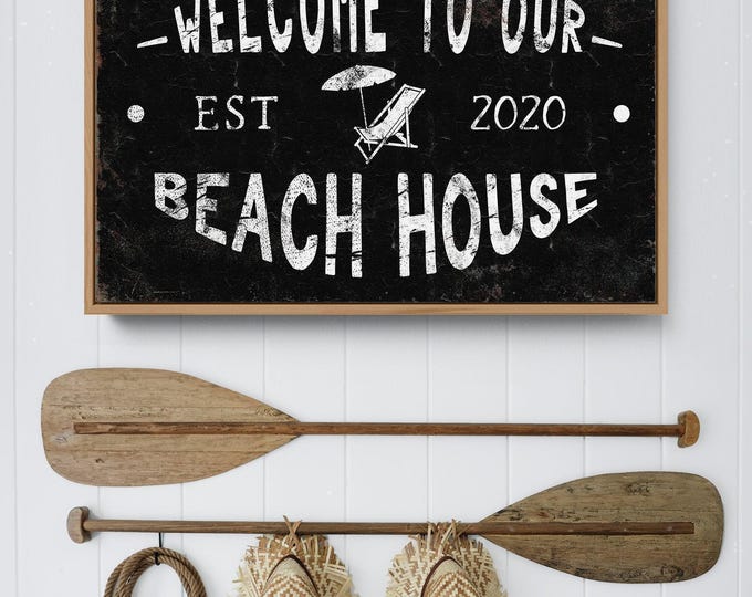 Beach House Welcome Sign: Weathered Canvas with Chair and Umbrella