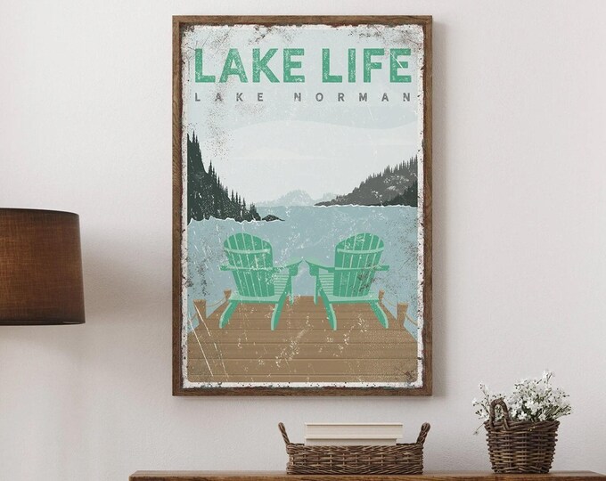 Lake Life Canvas Sign, Retro Adirondack Chairs (Personalized Text)