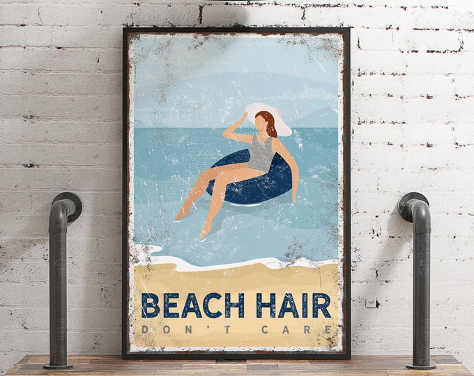 navy BEACH HAIR sign, personalized nautical blue beach house decor, girl tubing on the ocean poster, sunbathing print for farmhouse {vpb}