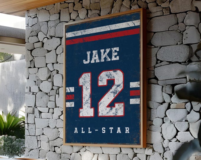 Navy Blue Vintage Sports Sign: Custom Name & Number for Kids' Rooms