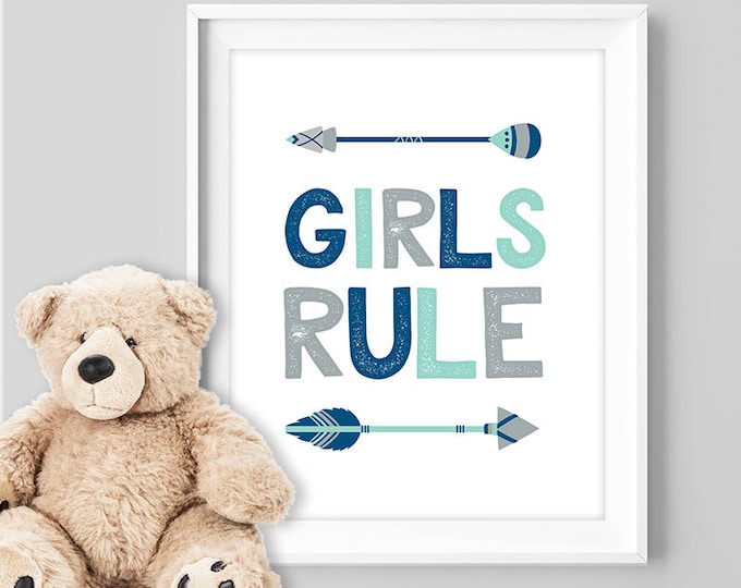 girls rule poster / tribal wall art print DIY / arrow sign, NAVY MINT nursery poster, navy nursery wall▷ digital printable poster jpeg