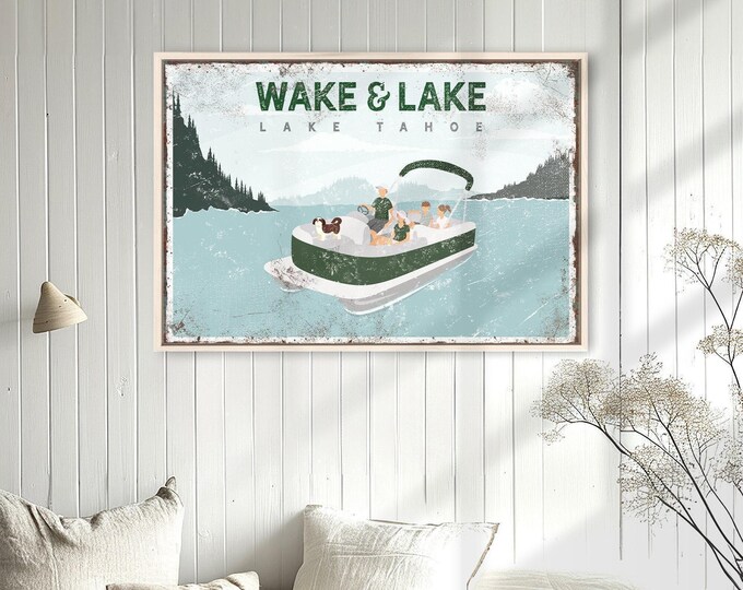 Wake and Lake Wall Art: Lakeside Vintage Poster (Customizable Text)