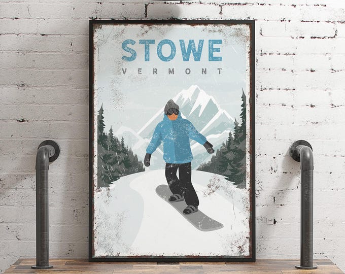 Framed Snowboard Print, Cerulean Stowe Vermont Art, Personalized Gift for Snowboarder, Custom Snowboarding Home Decor, Male Snowboarder, vpw
