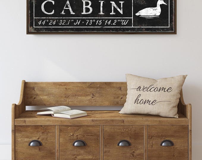 Farmhouse Cabin Sign: Rustic Hunting Decor (Custom Coordinates & Text)