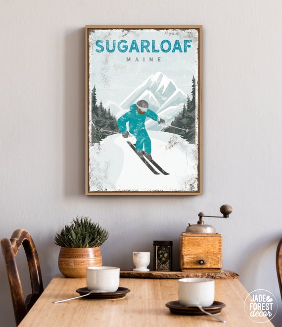 [Hergestellt im Jahr 2024] Vintage Ski Art Sign Maine Mountain Wall Etsy Sugarloaf Decor Ski for Poster Canvas Travel vpw vintage skiing teal Gift Sweden Art Husband 