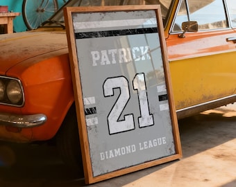 Custom Sports Wall Sign: Light Silver Gray, Name & Jersey Number