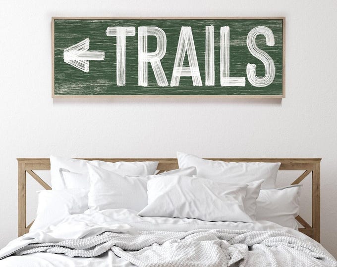 Vintage hiking sign > green TRAILS cross country skiing art, faux weathered wood canvas for mountain lodge decor, ski house wall art {pwo}