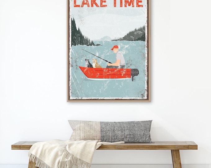 Fishing Sign Canvas, Gift For Dog Dad, Vintage Red Decor, Custom Boating Art, Two Dogs On Boat, Rustic Lake House Wall Hanging