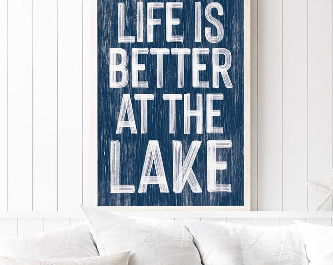 Lake House Wood Sign: Coastal Navy Blue, Distressed Finish