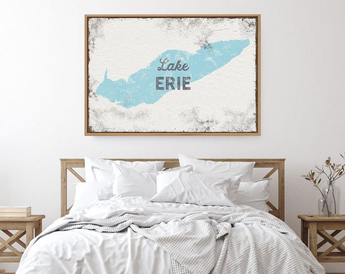 Welcome Sign Lake Erie Map Art, Custom Lake Silhouette, Light Blue Charcoal Wall Decor