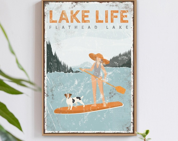 Lake Life Sign: Paddleboarding and Dog Art (Custom Text & Breed)