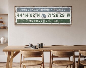 Vintage Mountain Chalet Sign: Personalized Coordinates Wall Art