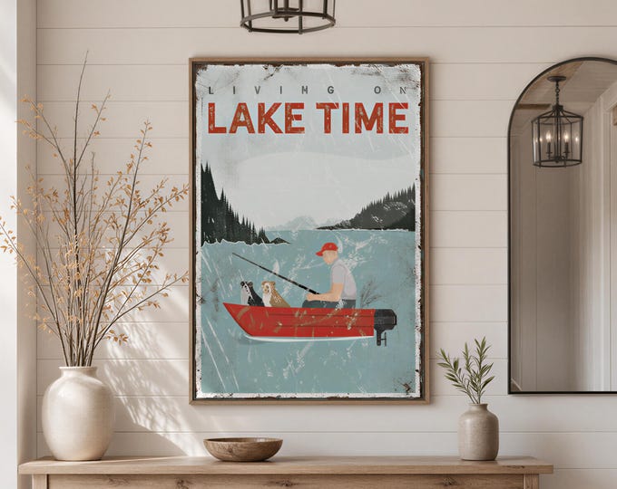 Lakeside Sign, Red Boat Fishing Scene With Two Dogs, Custom Family Lake Gift, Navy Accents