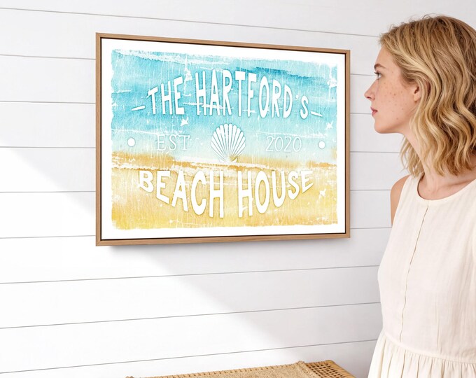 Personalized Beach House Sign: Watercolor, Weathered Canvas