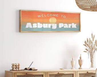 Custom Welcome Sign, Asbury Park Or Any Shore Town Sunset Wall Art, Long Coastal Print