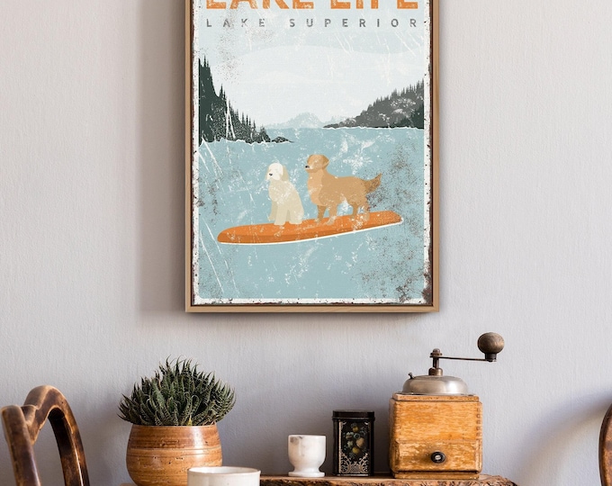 LAKE LIFE sign with dogs on paddleboard, Lake House Sign with Custom Dogs, Goldendoodle and Golden Retriever, Vintage Lake Superior {vpl}