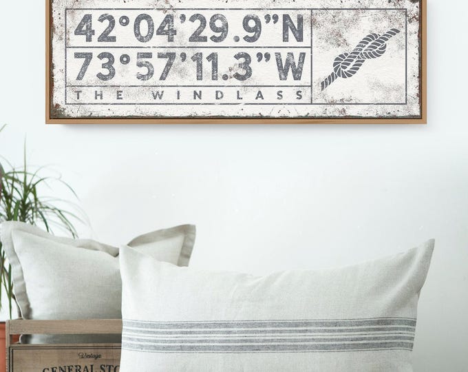 Coordinates Wall Sign, Infinity Rope Knot, Gray Canvas (Custom GPS)