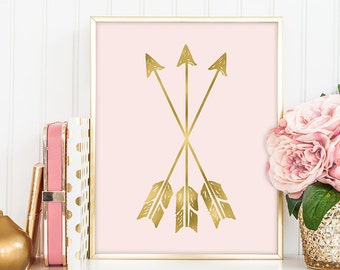 three tribal arrows poster / wall art print DIY / GOLDEN BLUSH / glitter gold and pink / baby girl  ▷digital printable sign