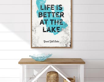 Vintage Lake House Sign - 'Life Is Better at the Lake' Turquoise Art
