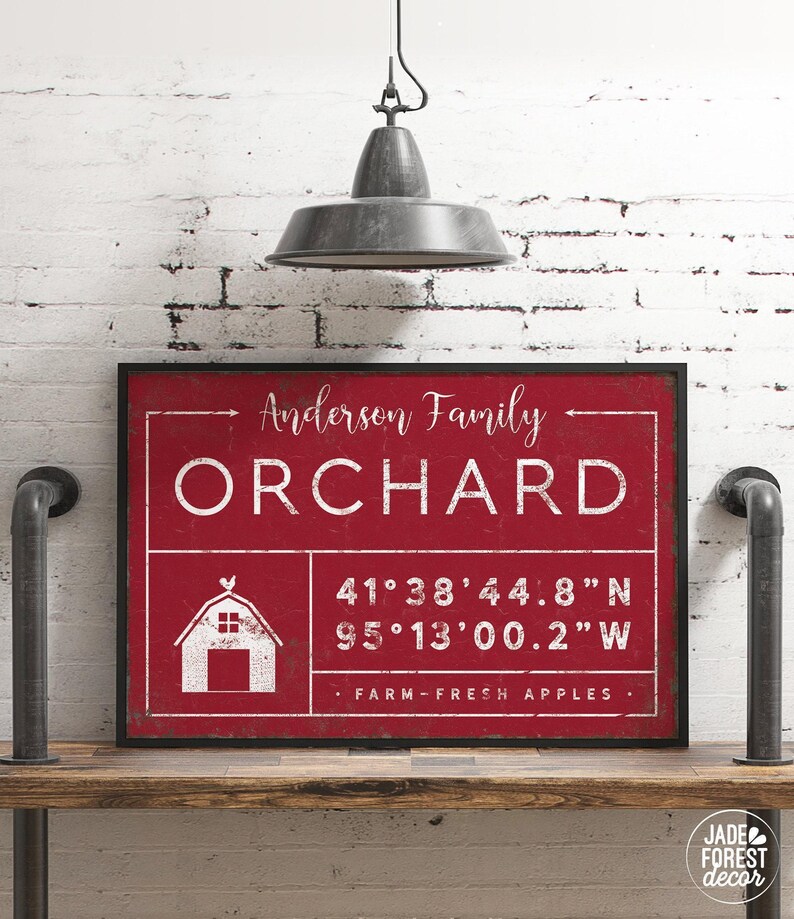 A red sign with white text and graphics, mounted on a wooden shelf against a white brick wall.