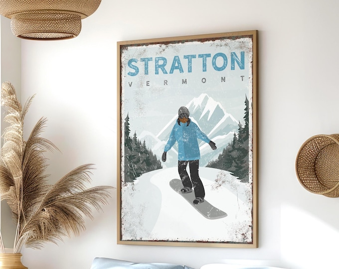 Stratton Vermont Snowboard Art, Cerulean Snowboarding Print, Custom Gift for Her, Framed Mountain Lodge Decor, Female Snowboarder, Girl, vpw