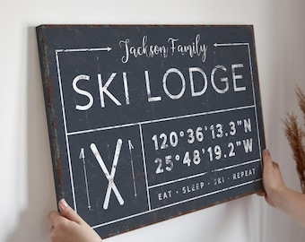 Ski Lodge Canvas Sign, Custom Family Name, Coordinates (Multiple Sizes)