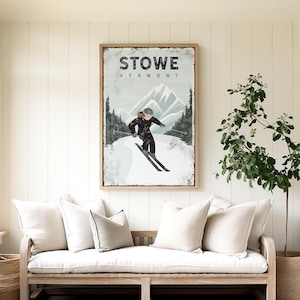 Stowe Vermont Ski Lodge Art, Black Ski Poster, Vintage Winter Decor, Custom Apres Ski Gift for Her, Rustic Cabin Wall Art {VPW}