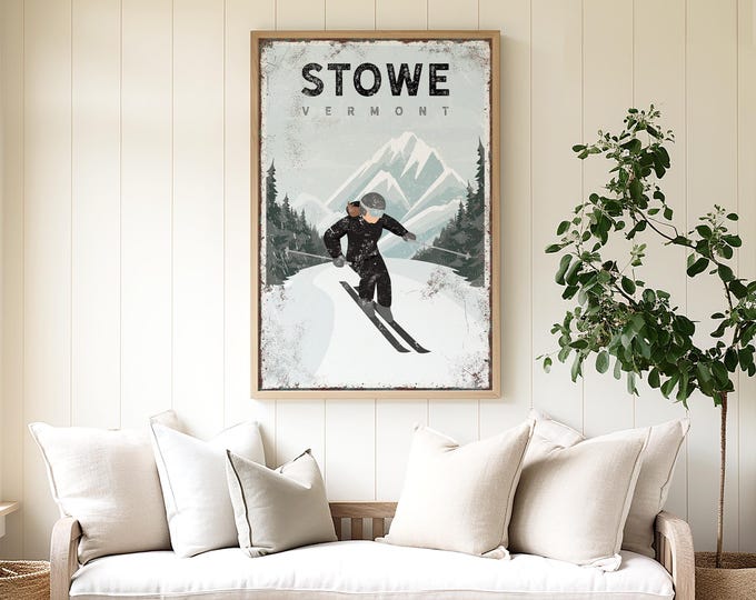 Stowe Vermont Ski Lodge Art, Black Ski Print, Custom Winter Home Decor, Personalized Apres Ski Gift for Her, Female Skier, Girl Skiing, vpw