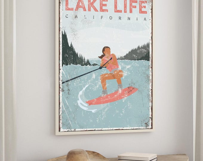 vintage LAKE LIFE sign > personalized wake boarding poster for CORAL lake house decor, wakeboard gift for him, Vintage Farmhouse art {vpl}
