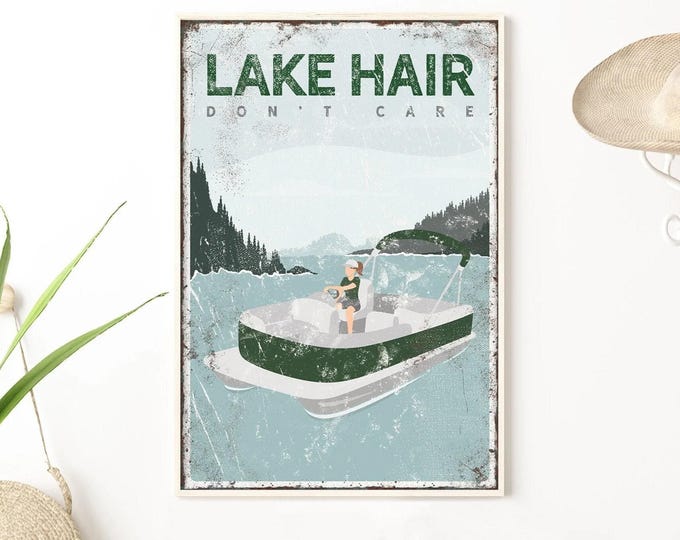 Lake House Decor, Pontoon Boat, Vintage Poster, Personalized Canvas Art, Green Lake Wall Hanging, Farmhouse Decoration, Gift for Her {vpl}