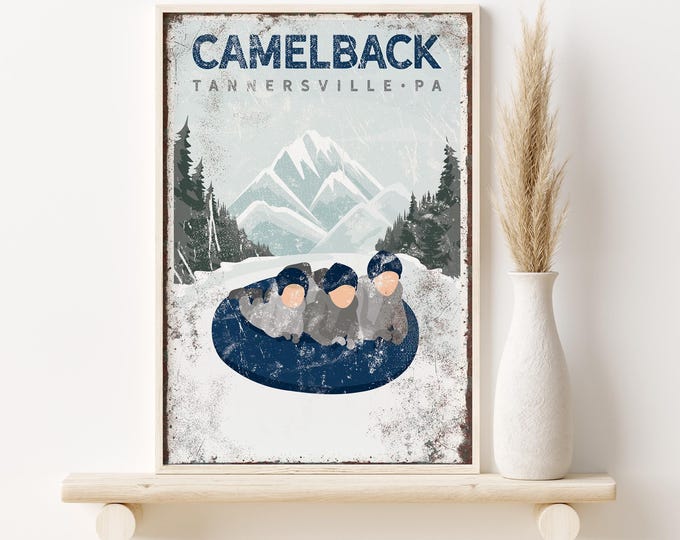 Personalized FAMILY SNOW TUBING Poster, for Ski House Decor, Vintage Winter Wall Print in Navy Blue Accent, Camelback Poconos Wall Art {vph}