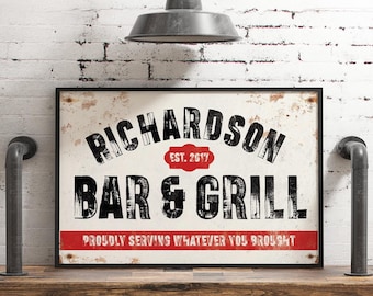 Personalized Bar & Grill Sign - Vintage Aluminum Patio Wall Decor