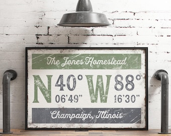 GPS Coordinates Gift: Farmhouse Coordinates Canvas Sign, Green and Gray