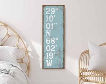 Modern Farmhouse Coordinates Sign, Tide Blue Canvas (Custom Size & Frame)
