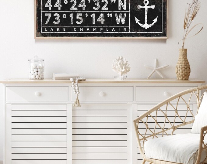 Lake House Wall Sign: Custom Coordinates - Rustic Coastal Decor