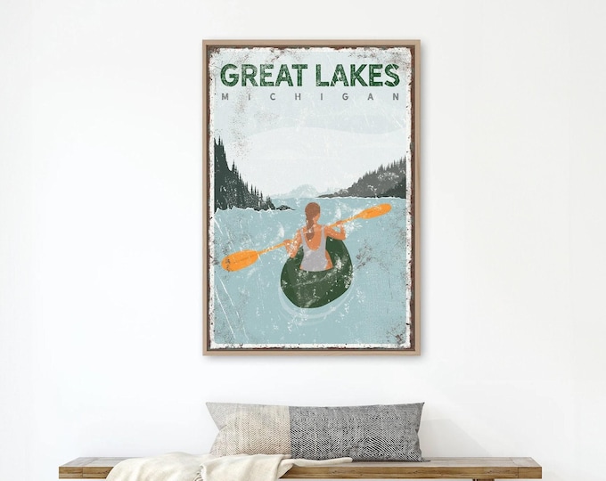 GREAT LAKES poster • forest green kayak sign for custom lake house decor, vintage kayaking gift for her, personalized Michigan art {vpl}
