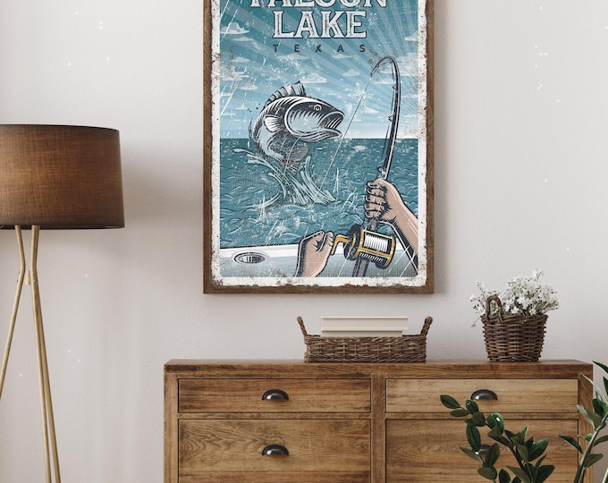 Lake Fishing Art, Falcon Lake Texas Bass Sign, Blue Gift for Fisherman