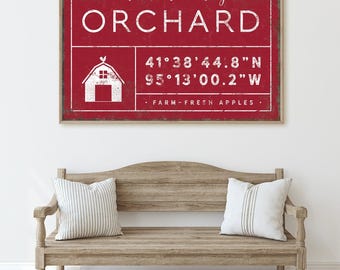 Family Name Sign, Rustic Last Name, Custom Coordinates, Vintage Orchard Canvas, Personalized Barn Decor, Farmhouse Wall Art Gift {gdb}