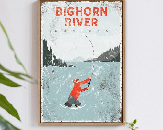 vintage fly fishing poster > Bighorn River, personalized trout fishing sign for lake house decor, coastal decor gift for boyfriend {vpl}