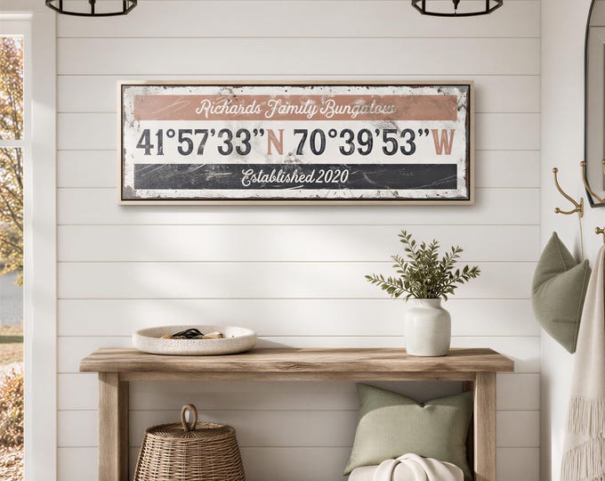 Nautical couple latitude sign, custom family name, coordinates and EST year