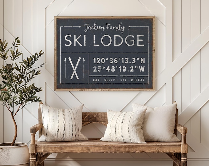 Family Name Ski Lodge Sign: Custom Coordinates Canvas (Multiple Sizes)