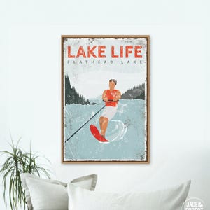 rood bord LAKE LIFE &gt; gepersonaliseerde waterskiposter voor vintage decor van het meerhuis, slalomwaterskicadeau voor hem, Flathead Lake-kunst {vpl}
